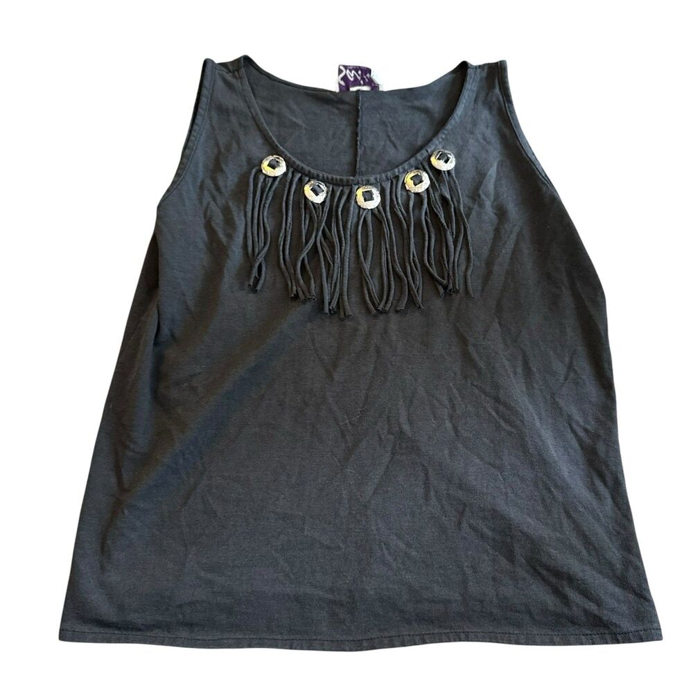 Vintage Sassa Women‎ Large Drk Gray Top Conchos Fringe Western Tank Top Rare